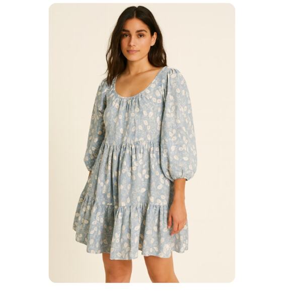 Free People SZ S Paper Hearts Babydoll Mini Dress Blue Floral Linen 1035026 - Picture 1 of 8
